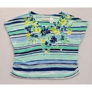 Alfred Dunner Womens PXL Petite Blue Green Floral Striped‎ Beaded Neckline Top